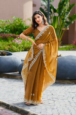 Thumbnail for Vastranavya Brown Embroidery Work Shimmer Chiffon Saree with Unstitched Blouse