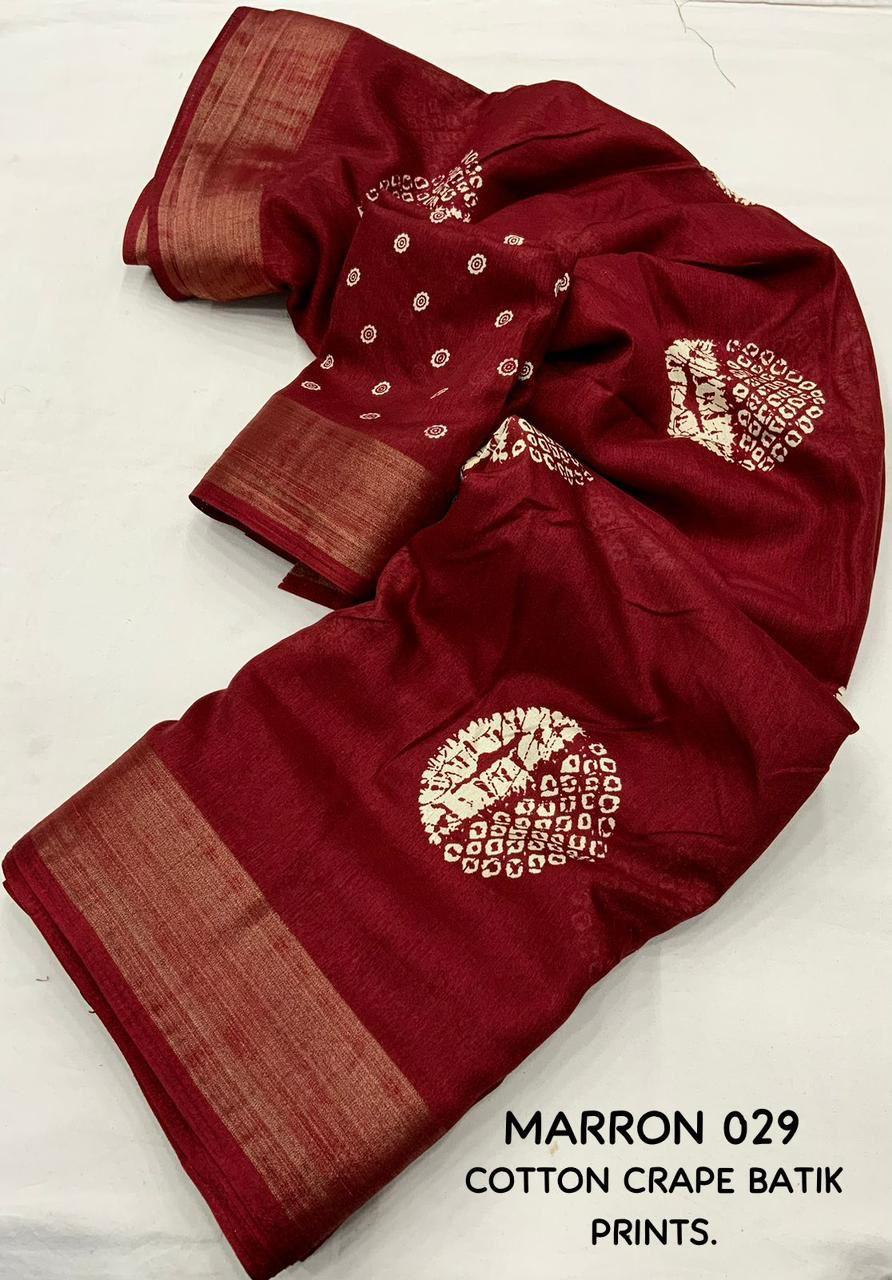 Maroon Cotton Crepe Batik Print Saree with Unstitched Blouse - Hiral Fashion - Distacart