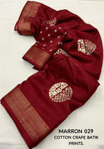 Thumbnail for Maroon Cotton Crepe Batik Print Saree with Unstitched Blouse - Hiral Fashion - Distacart