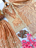 Thumbnail for Teeya Creation Peach Pure Silk Gimmy Silk Heavy Embroidery Work Wedding Wear Palazzo Pair - Distacart