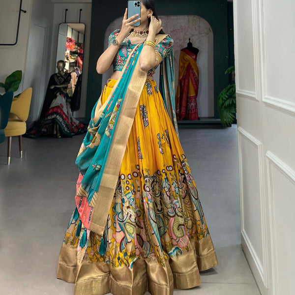 Vastranavya Kalamkari Print With Weaving Border Lehenga with Unstitched Blouse - Yellow - Distacart