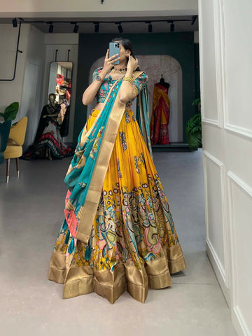 Vastranavya Kalamkari Print With Weaving Border Lehenga with Unstitched Blouse - Yellow - Distacart