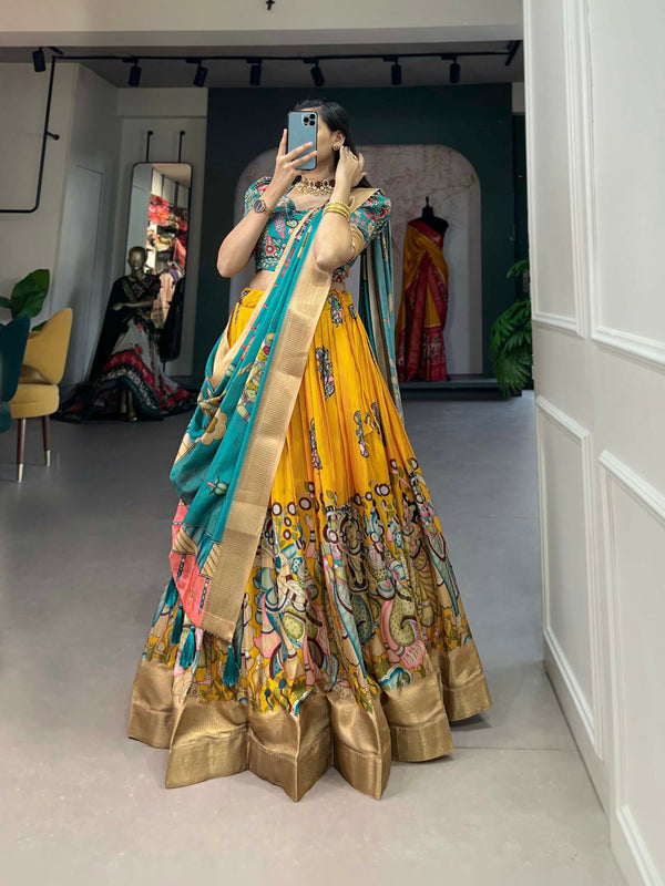 Vastranavya Kalamkari Print With Weaving Border Lehenga with Unstitched Blouse - Yellow - Distacart