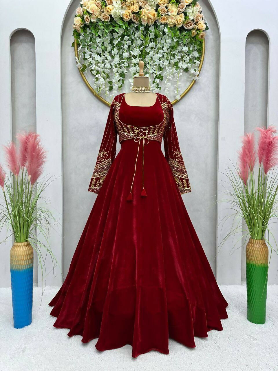 Vastranavya Maroon Velvet Thread With Sequence Work Gown With Koti - Distacart