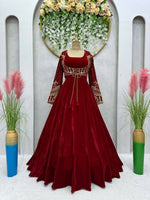 Thumbnail for Vastranavya Maroon Velvet Thread With Sequence Work Gown With Koti
