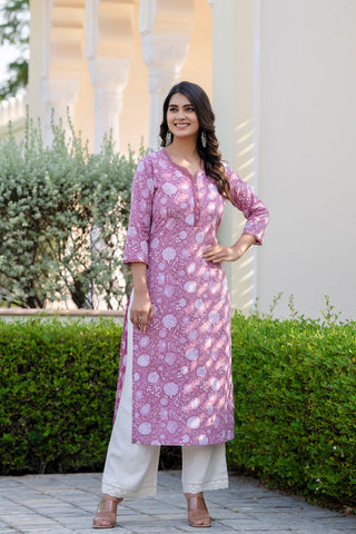 Women Mauve Ethnic Printed Straight Kurta with Three Quarter Sleeves - Rasiya - Distacart