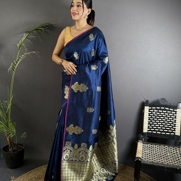 Joban Fashion Navy Blue Banarasi Lichi Silk Gold Zari Meena Saree