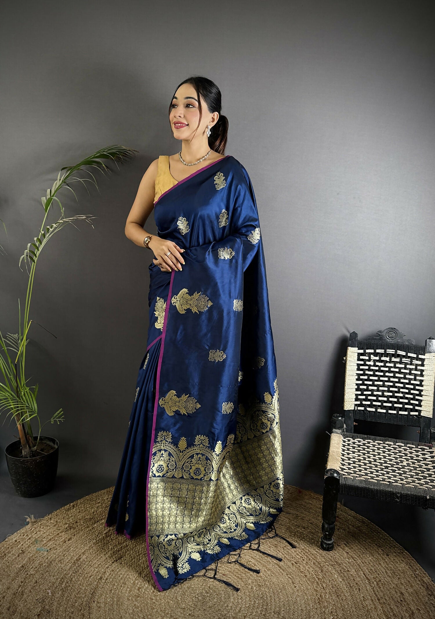 Joban Fashion Navy Blue Banarasi Lichi Silk Gold Zari Meena Saree - Distacart