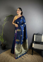 Thumbnail for Joban Fashion Navy Blue Banarasi Lichi Silk Gold Zari Meena Saree