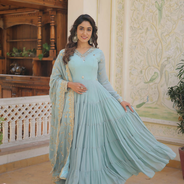 Joban Fashion Sky Blue Georgette Sequence Embroidery Work Kurta Set - Distacart