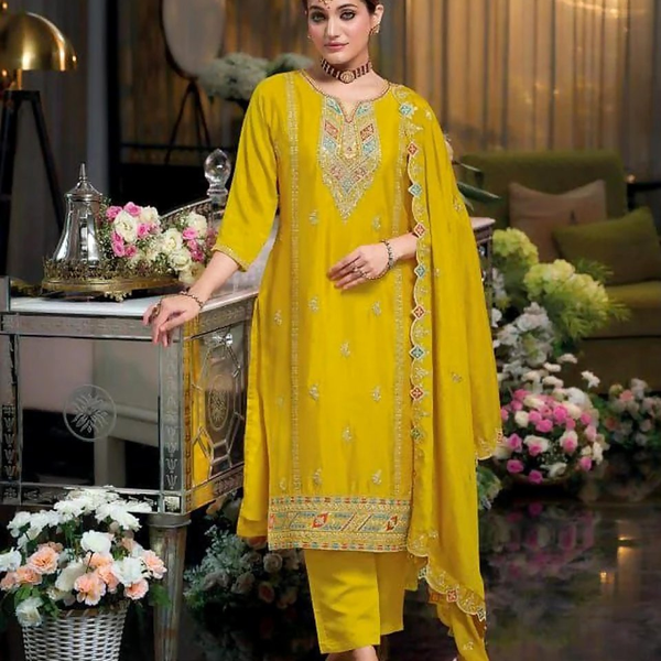 Anaita Yellow Heavy Chinon Readymade Suit with Embroidery & Sequence Work