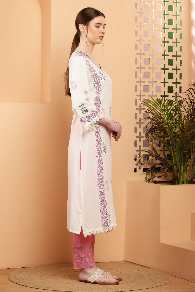 Cheera Women Stylish Hand Block Printed Cotton Blend Flared Kurta - Off White - Distacart