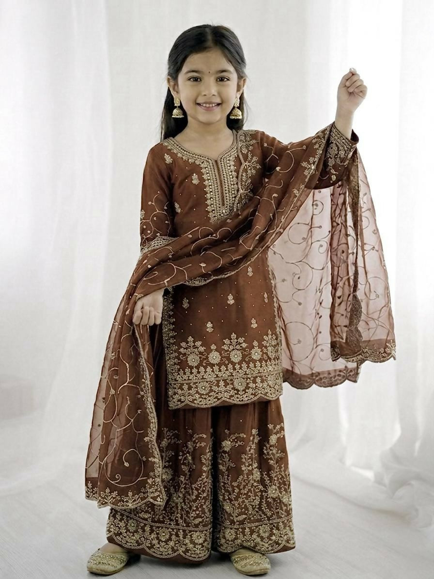 Teeya Creation Girls Heavy Embroidery Ethnic Kurta And Palazzo Set With Net Dupatta - Dista