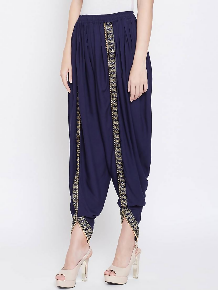 Cheera Women's Navy Viscose Rayon Dhoti With Golden Lace - Distacart