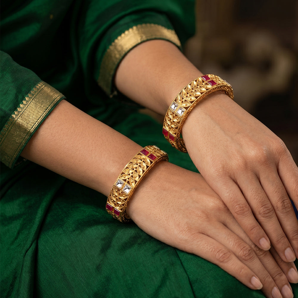 JS Fashion Antique Design Party Wear Beautiful Rajwadi Polish Bangle Set Of 2 - Dista