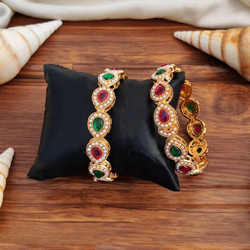 JS Fashion Full Stone High Gold Polish Fancy Style 2 Bangles Set - Dista