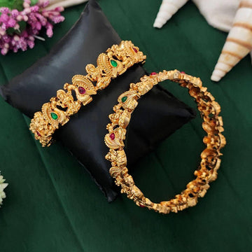 JS Fashion Temple God Laxmi And Peacock Design High Gold Polish Full Stone 2 Bangles Set - Dista