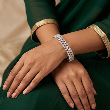 JS Fashion Premium White Rhodium Rectangular Stone 2 Bangles - Dista