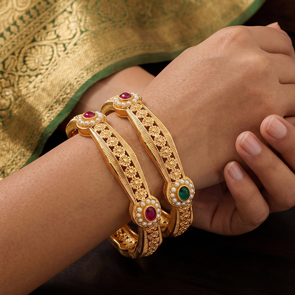 JS Fashion Traditional Stone Studded Temple Style Bangles - Dista