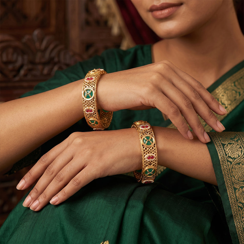 JS Fashion Traditional High Gold Bangles With Floral Jali Pattern - Dista