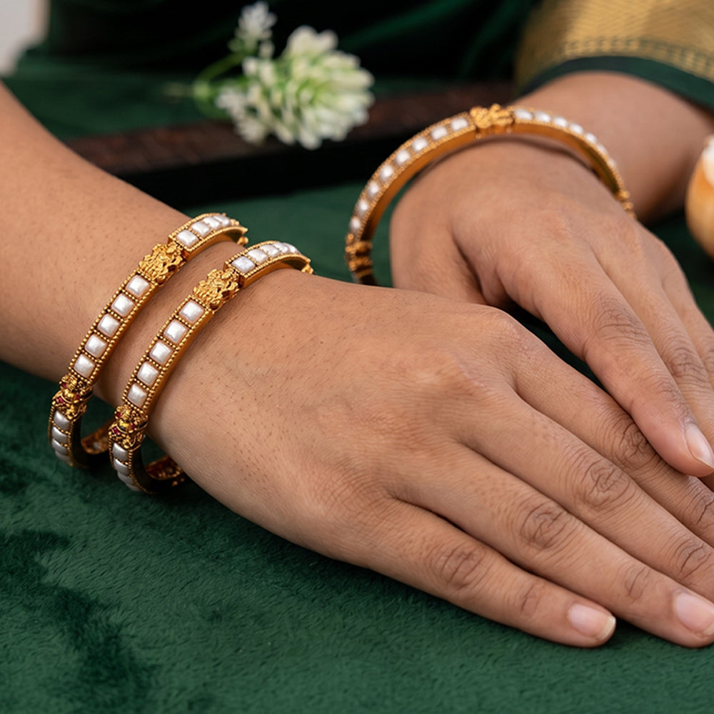 JS Fashion Temple Design Pearl Bangles High Gold Finish - Dista