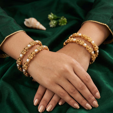 JS Fashion Premium Temple Style Lakshmi Pearl Bangles Set - Dista