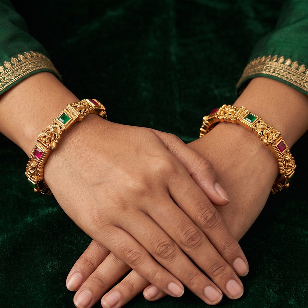 JS Fashion Temple Lakshmi Design Gold Bangles With Stone Work - Dista
