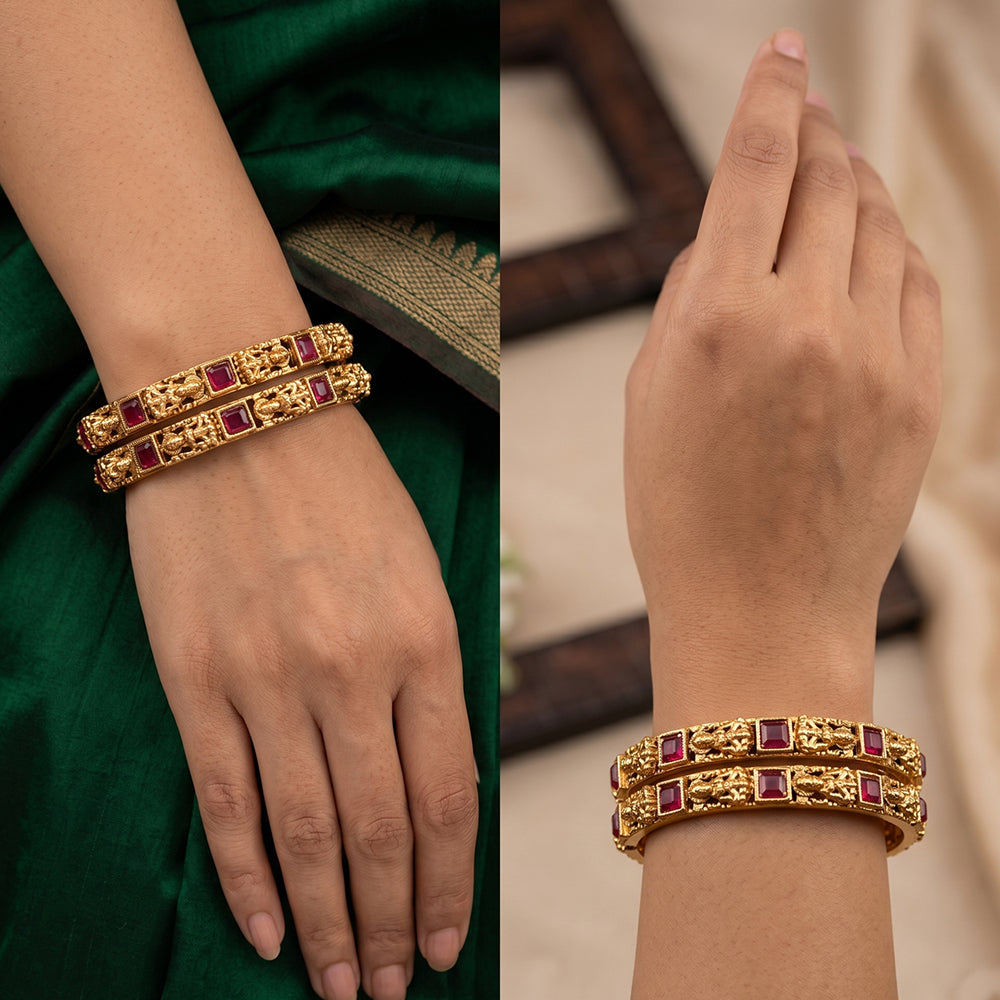 JS Fashion Antique Temple Carving Designer Bangles Set - Dista