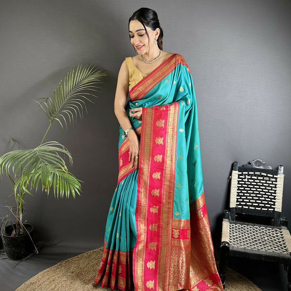 Joban Fashion Sea Green Banarasi Soft Silk Woven Butti Saree