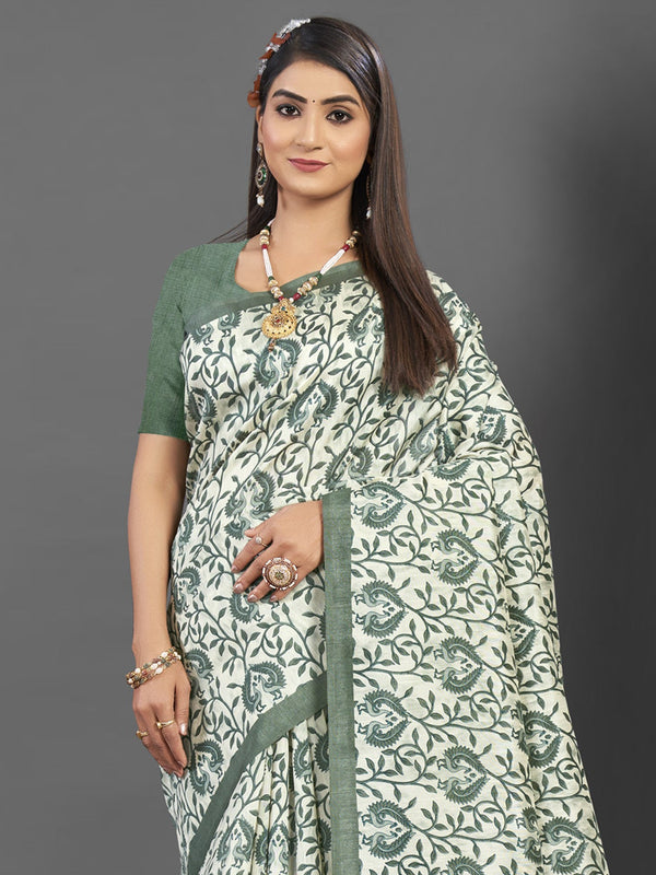NOZ2TOZ Women's Bhagalpuri Silk Off White Printed Designer Saree With Blouse Piece - Distacart