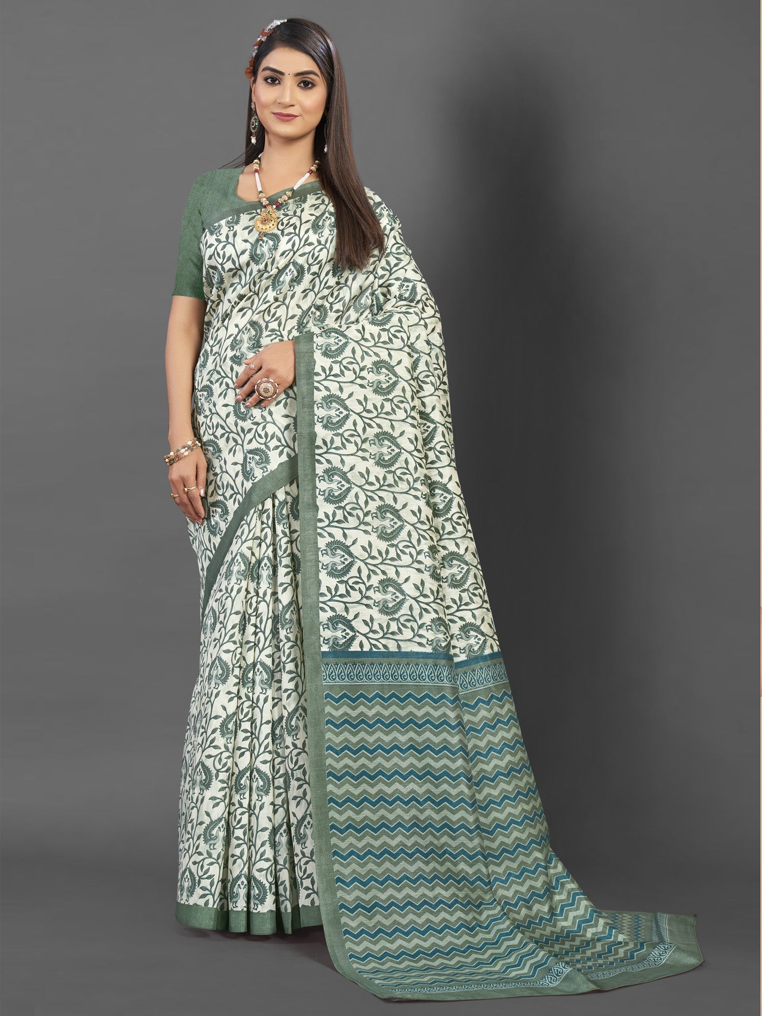 NOZ2TOZ Women's Bhagalpuri Silk Off White Printed Designer Saree With Blouse Piece - Distacart