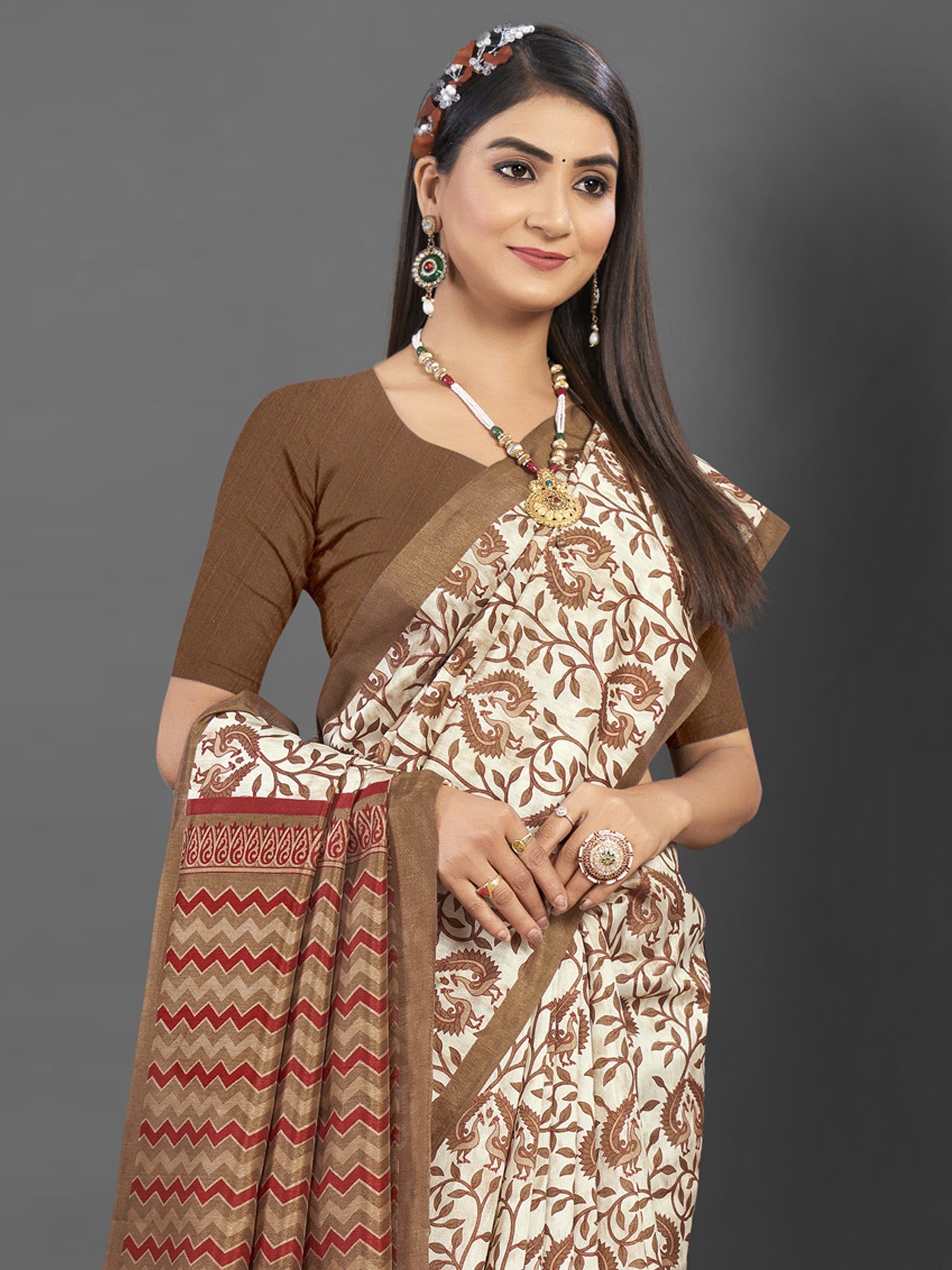 NOZ2TOZ Women's Bhagalpuri Silk Off White Printed Designer Saree With Blouse Piece - Distacart