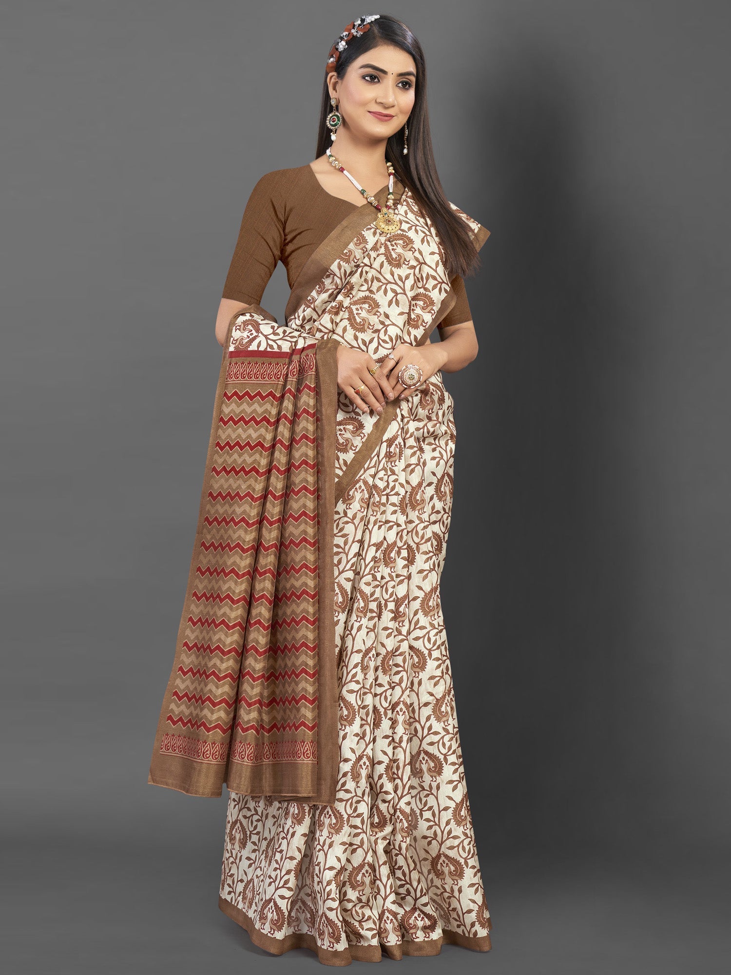 NOZ2TOZ Women's Bhagalpuri Silk Off White Printed Designer Saree With Blouse Piece - Distacart