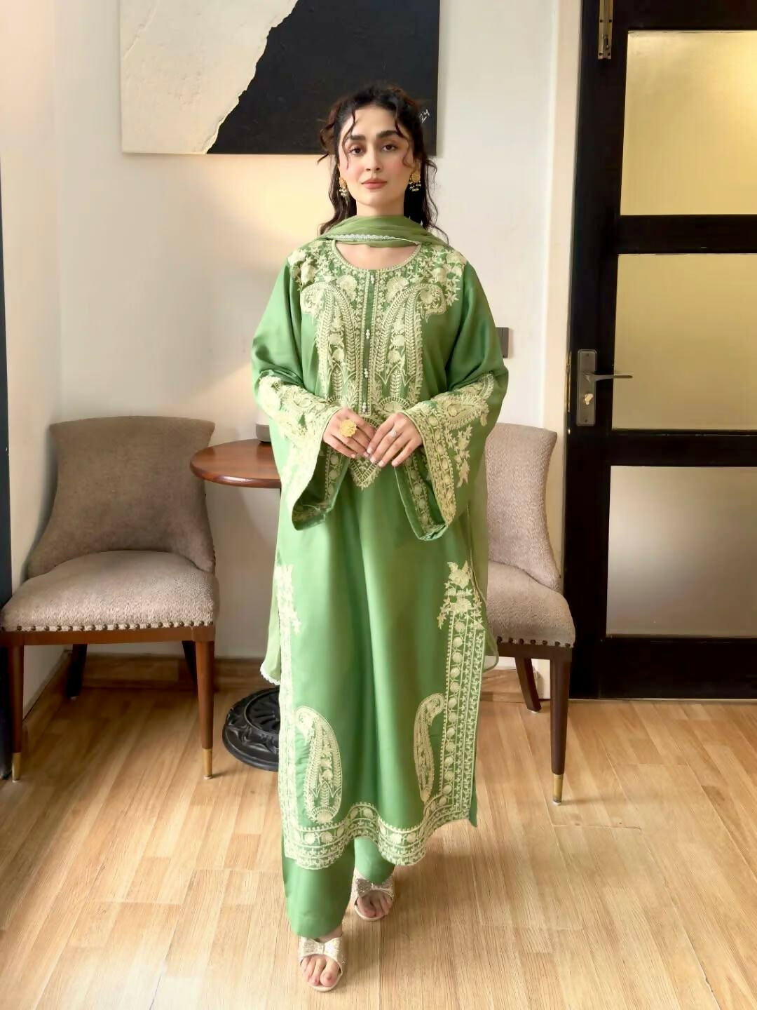 Teeya Creation Womenes New Trendy Heavy Embroidery Work Kurta Palazzo Set - Green - Dista