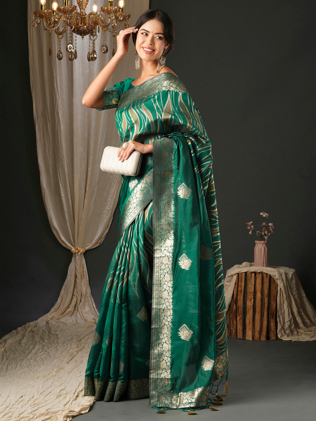 NOZ2TOZ Women's Organza Teal green Woven Design Designer Saree With Blouse Piece - Distacart