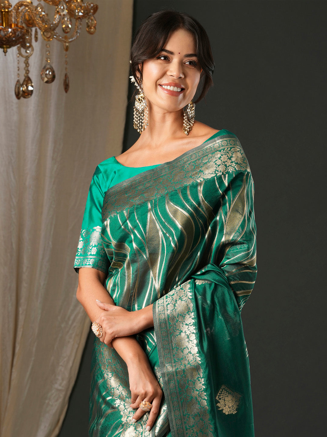 NOZ2TOZ Women's Organza Teal green Woven Design Designer Saree With Blouse Piece - Distacart