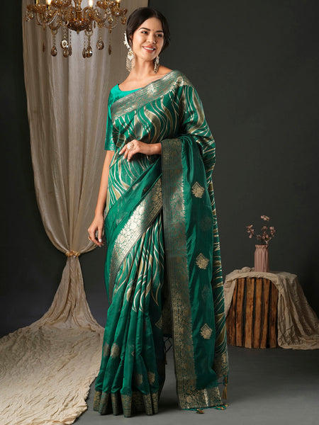 NOZ2TOZ Women's Organza Teal green Woven Design Designer Saree With Blouse Piece - Distacart