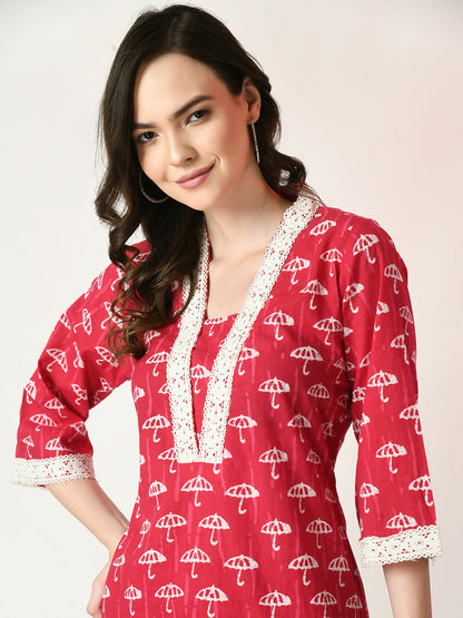 Myshka Women's Pink Printed Kurta With Trousers - Distacart