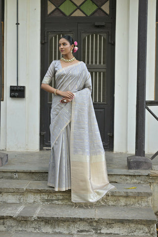 Vishnu Weaves Women's Grey Premium Tussar Silk Saree with Blouse - Distacart
