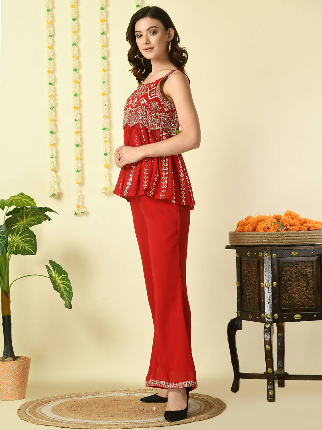Myshka Women's Red Georgette Top With Palazzos Party Sets - Distacart