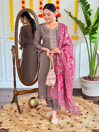Lyush Women Party Wear Embroidery Worked Kurta With Pant And Dupatta Set - Chiku - Distacart