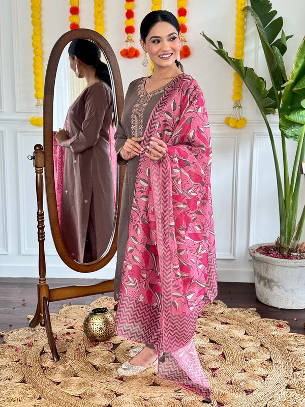 Lyush Women Party Wear Embroidery Worked Kurta With Pant And Dupatta Set - Chiku - Distacart