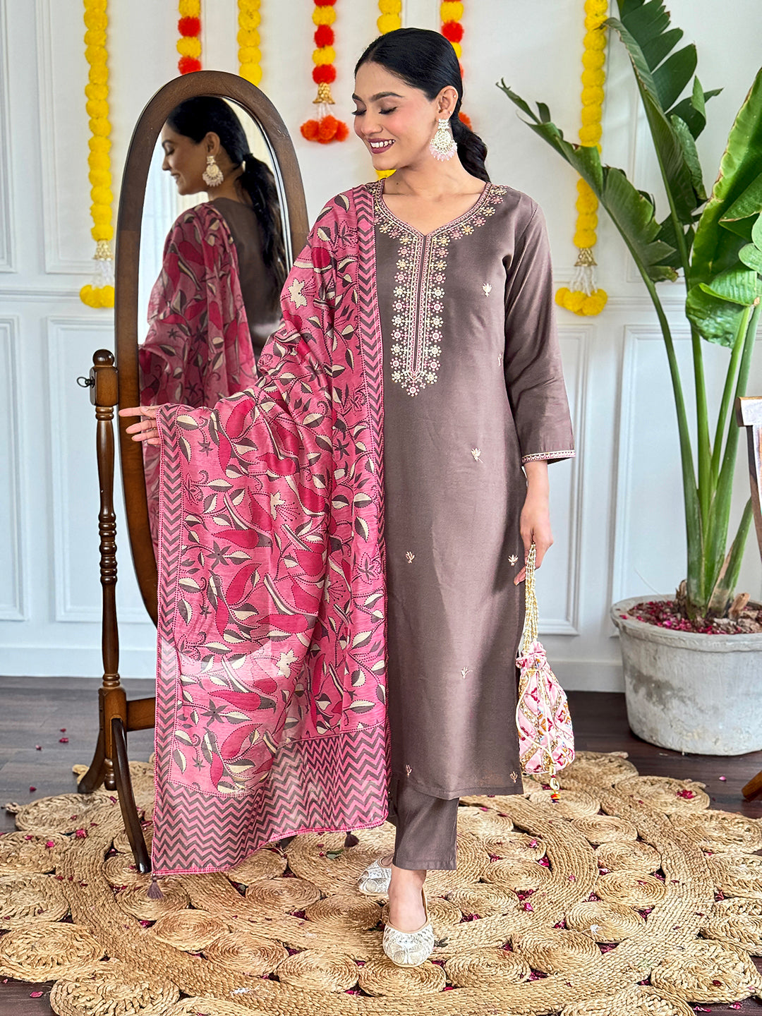 Lyush Women Party Wear Embroidery Worked Kurta With Pant And Dupatta Set - Chiku - Distacart