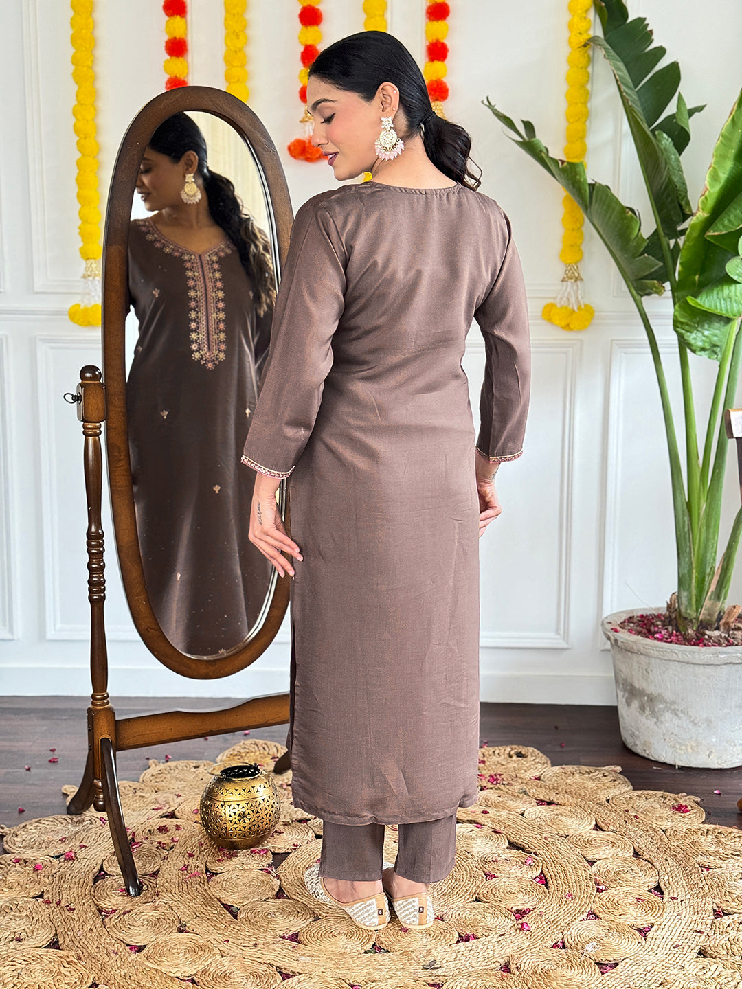 Lyush Women Party Wear Embroidery Worked Kurta With Pant And Dupatta Set - Chiku - Distacart