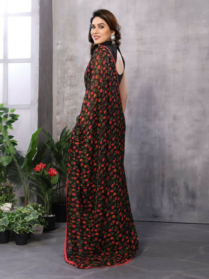 Partywear Designer Black & Red Georgette Fancy Saree - Satrangi - Distacart