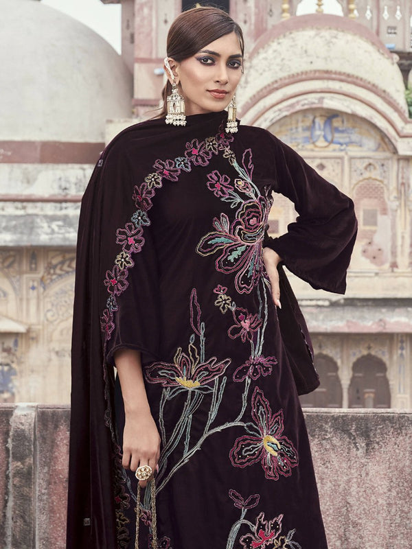Aastha Fashion Women's Wine Velvet Resham Thread with Jari & Sequin Kurta with Trouser & Dupatta - Distacart