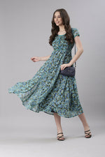 Thumbnail for Souchii Teal & Blue Floral Printed Fit & Flare Dress