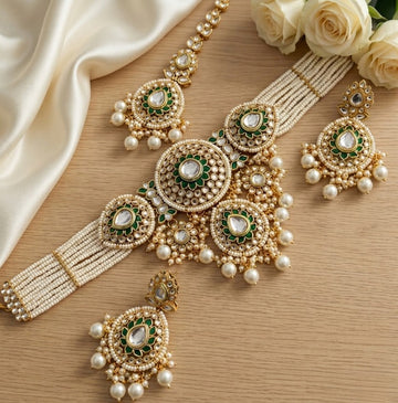 Jewel City Traditional Handcrafted Kundan Pearl Bridal Jewelry Set - Gold-Plated Ethnic Choker Necklace with Earrings & Maang Tikka - Dista