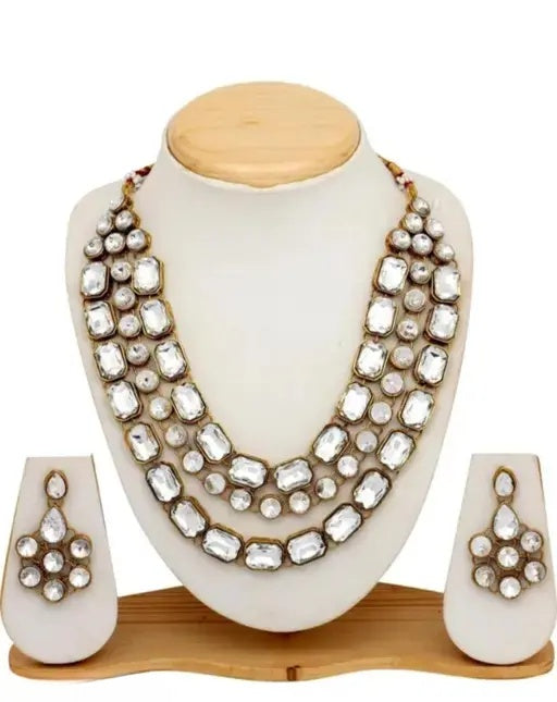 Jewel City Modern Kundan-Style Clear Stone Necklace Set with Earrings Handcrafted Gold-Plated Party Wear Set for Women