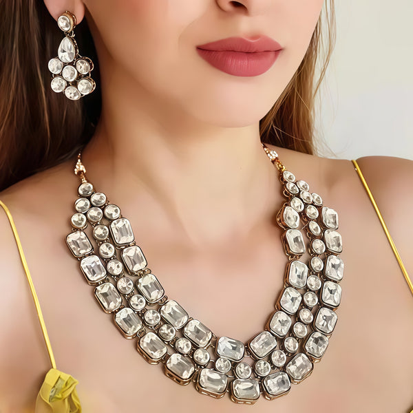 Jewel City Modern Kundan-Style Clear Stone Necklace Set with Earrings Handcrafted Gold-Plated Party Wear Set for Women